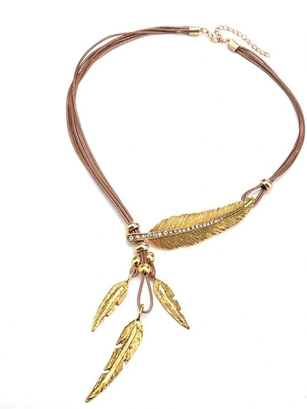 Bohemian Gold Feather Pendant Multi-Strand Brown Cord Necklace